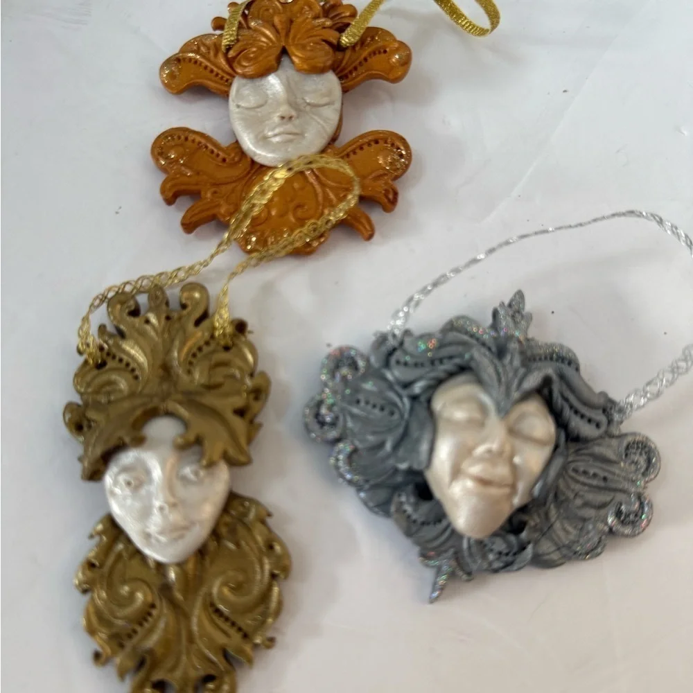 Set of 3 Polymer Hand crafted holiday Mask & faces Ornaments drama gold silver
